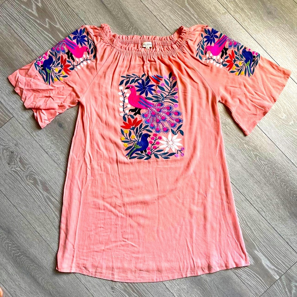 Velzera Coral Embroidered Tunic‎ Peasant Off Shoulder  Small Floral Bird Peacock